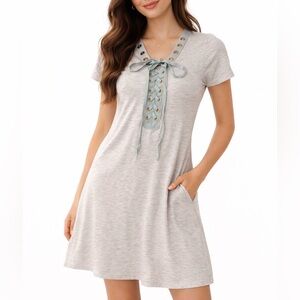 T-Shirt Dress Shoelace Tie Pockets Oatmeal Cream Size L